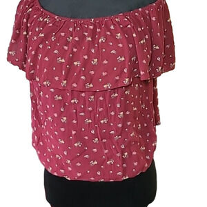 Hollister Floral Red Off the Shoulder shirt‎ size medium